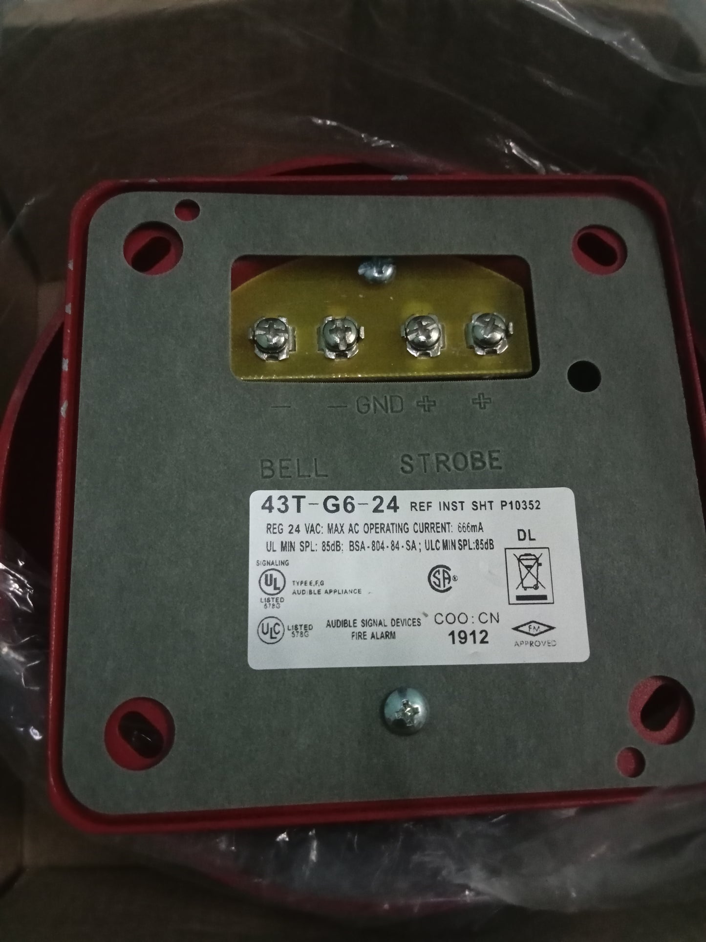 New Cooper Wheelock 43T Bell Series 43T-G6-24-R Fire Alarm Device 6” Red