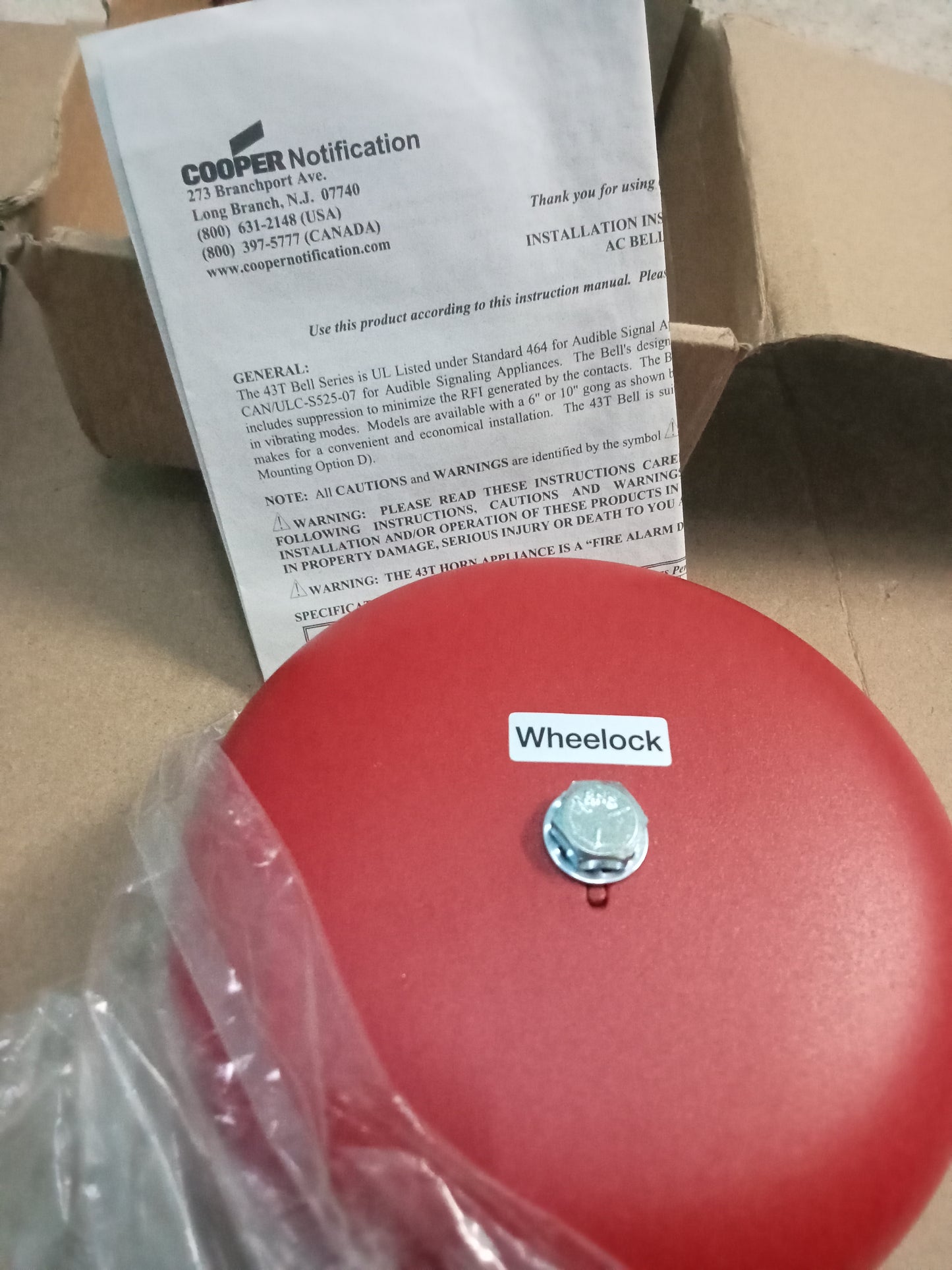 New Cooper Wheelock 43T Bell Series 43T-G6-24-R Fire Alarm Device 6” Red