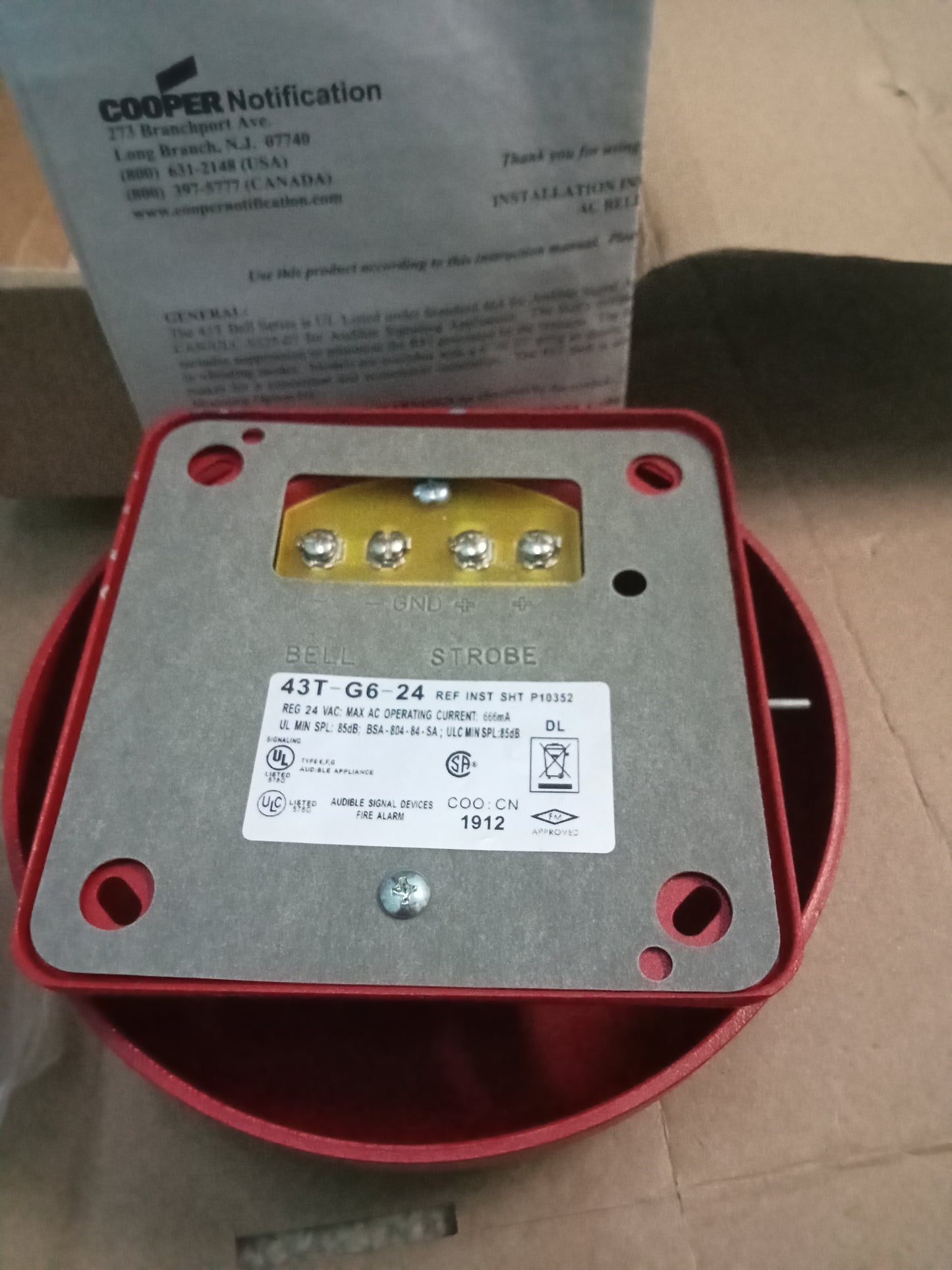 New Cooper Wheelock 43T Bell Series 43T-G6-24-R Fire Alarm Device 6” Red