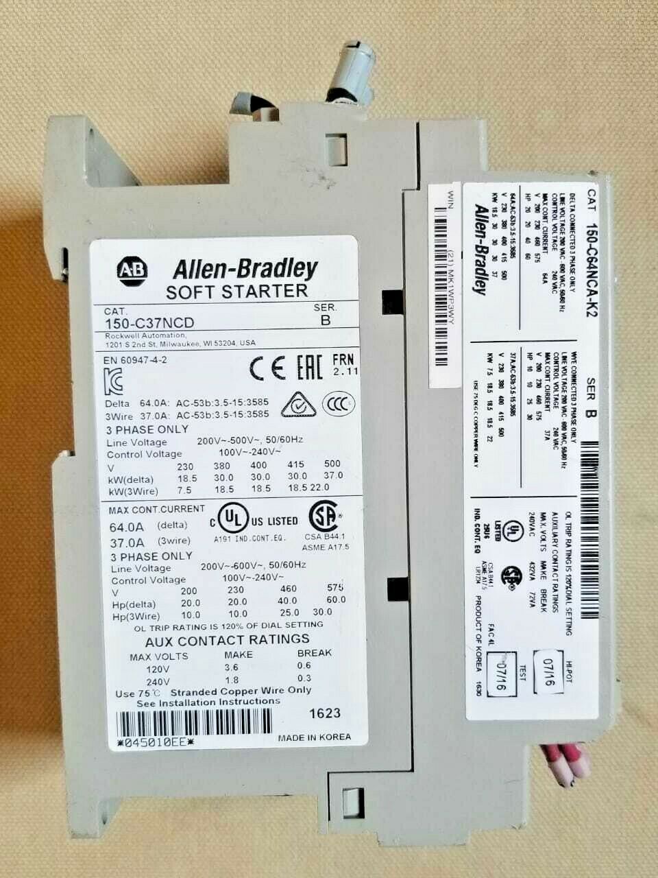 Allen-Bradley SOFT STARTER  150-C37NCD Motor Control 37 A 600 V 3PH 50/60 HZ