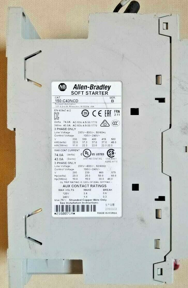 Allen-Bradley SOFT STARTER  150-C43NCD Motor Control 43 A 600 V 3PH 50/60 HZ